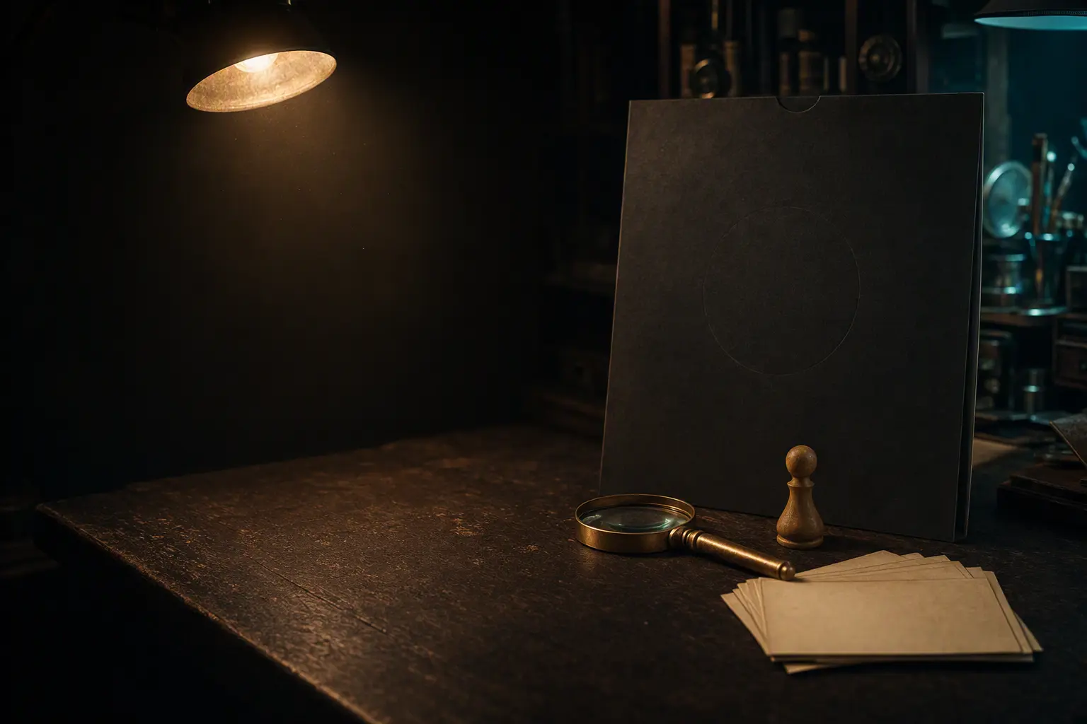 A wooden game piece, blank record sleeve, and magnifying glass under a warm inspection lamp